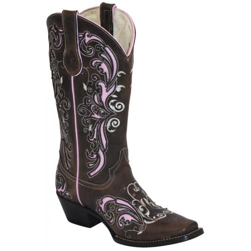 Ferrini Ladies 83071-10 Chocolate / Pink Genuine Leather Cowgirl Boots
